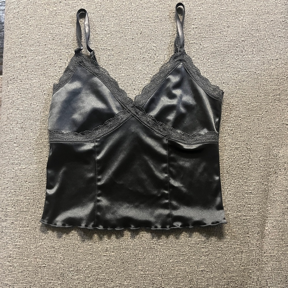 H&M: Grey Satin Lace Trim Cami Top | Size: Small